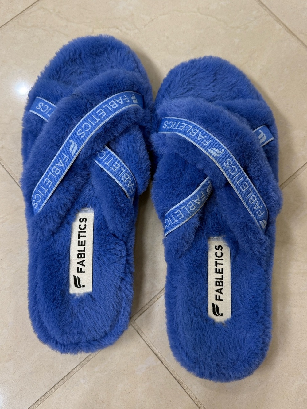 Fabletics Royal Blue Fuzzy Cross-Strap Slide Slippers
